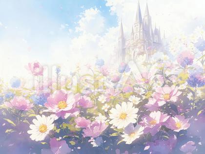 ピンクの花と壮麗な城_挿絵風イラスト