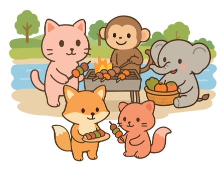 かわいい動物たちのBBQ1 bbq,可愛い,夏,アウトドア,レジャー,キャンプ,屋外,食事,楽しい,串焼きのイラスト素材