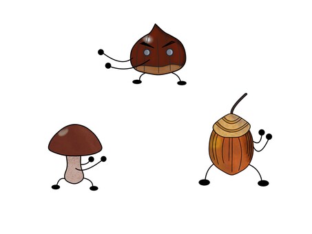 栗ときのことどんぐり 栗,きのこ,どんぐり,秋,秋の味覚,キャラクター,セット,木の実,9月,10月のイラスト素材