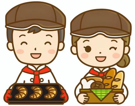 パン屋の男女 パン屋,パン屋さん,ベーカリー,パン,コック,料理人,調理師,料理,調理,フランスパンのイラスト素材