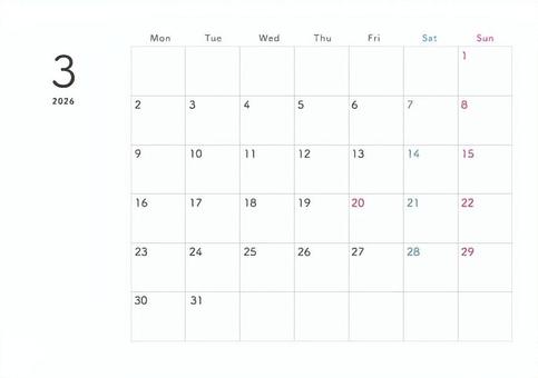 月間カレンダー2026年3月月曜始まり カレンダー,2026,3月,月間,シンプル,月曜始まり,ミニマム,a4,手帳のイラスト素材