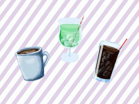 レトロカフェのドリンク：ラベンダー背景 ドリンク,コーヒー,アイスコーヒー,メロンソーダ,カフェ,喫茶店,レトロ,手書き,イラスト,ストライプのイラスト素材