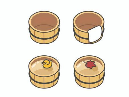 温泉の桶セット 温泉,桶,お風呂,旅行,ひよこ,紅葉,タオル,手ぬぐい,入浴,リラックスのイラスト素材