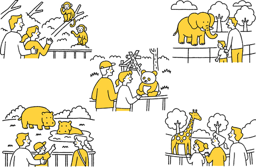 動物園を楽しむ家族のセット 動物園,家族,セット,カバ,キリン,パンダ,ゾウ,猿,夫婦,親子のイラスト素材
