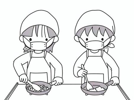 料理をしている子 料理,調理,家庭科,男の子,女の子,学校,エプロン,マスクのイラスト素材