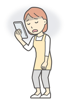  エプロン女性-355-全身 スマホ,落ち込む,主婦,エプロン,女性,ママ,ヘルパー,家政婦,家事代行,人物のイラスト素材