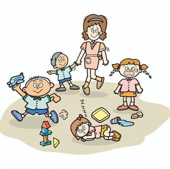 アハハハ〜大変だ〜 保育園,子供,保育士,コミカル,かわいい,ユーモラス,一コマ漫画,空想,ギャグ,おもしろいのイラスト素材