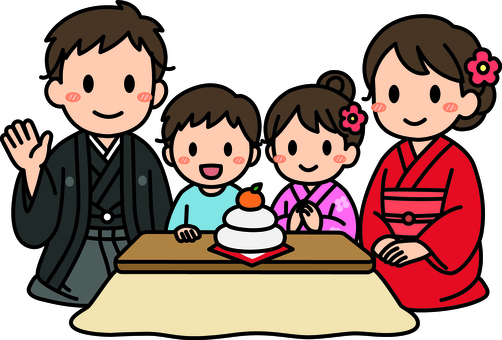 ベージュのこたつの家族です。