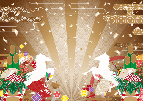 豪華絢爛な午年の正月の金色の集中線 午年,正月,和風,和柄,馬,門松,扇子,コマ,花,雲のイラスト素材