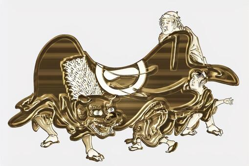 獅子舞と男性たち　金色 浮世絵,獅子舞,伝統行事,金,ゴールド,日本,和風,着物,和服,人のイラスト素材