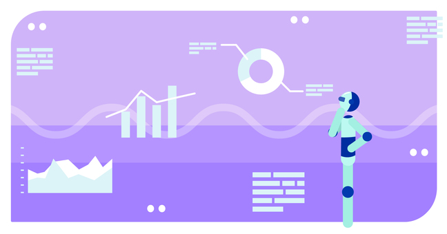 データ分析しているAIロボット ai,ピクトグラム,棒人間,ロボット,データ,分析,ドーナツグラフ,折れ線グラフ,比較,ビジネスのイラスト素材