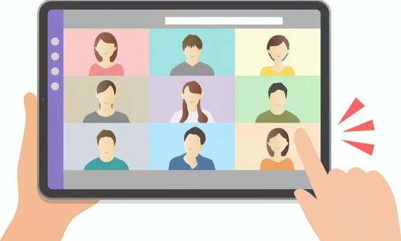 タブレットでビデオ会議するイラスト タブレット,ビデオ,会議,オンライン,ミーティング,セミナー,発表,ウェブカメラ,ビジネス,リモートワークのイラスト素材