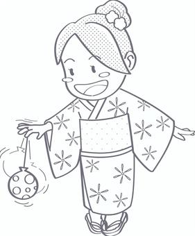 屋台のヨーヨー風船で遊ぶ女の子(線画) 屋台,夜店,こども,女の子,浴衣,ヨーヨー風船,たのしい,祭り,納涼祭,夏祭りのイラスト素材