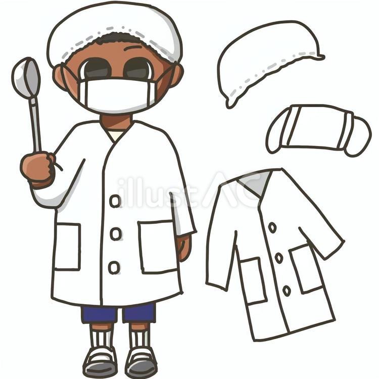 小学校/給食の白衣を着た小麦肌の男の子 給食,白衣,小学校のイラスト素材