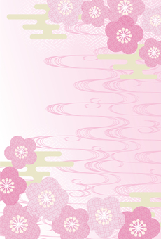 流水紋に梅柄　ハガキサイズのピンク 背景,和風,和柄,梅,花柄,ピンク,流水紋,かすみ,紗綾形,七宝のイラスト素材