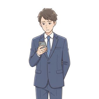 スマホを見つめ不安そうな会社員の男性