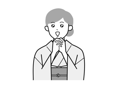 手を組み目を潤ませる着物女性A左向／白黒 両手,潤ませる,キラキラ,女性,お母さん,着物,講師,20代,30代,40代のイラスト素材