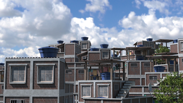 坂の上の暮らし 街,路地,屋根,階段,斜面,建物,窓,壁,洗濯物,空のイラスト素材