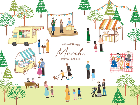 休日マルシェのイラストセット＊ヨコ型A マルシェ,マーケット,ファーマーズマーケット,休日,フェスティバル,祭り,手づくり市,ロハス,フリーマーケット,人物のイラスト素材