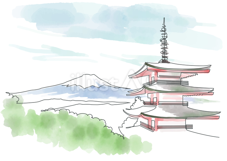 富士山と五重塔 一筆書きと水彩 富士山,日本,五重塔のイラスト素材