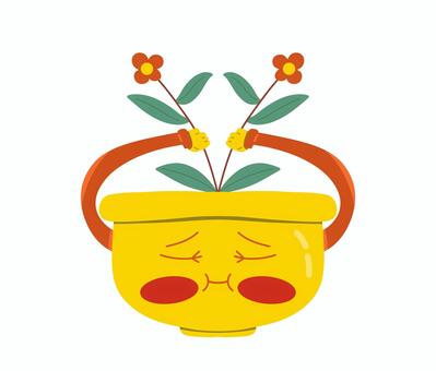 花を持つ可愛い黄色い植木鉢のイラスト 植木鉢,花,植物,可愛い,キャラクター,黄色,鉢植え,ガーデニング,自然,叶のイラスト素材