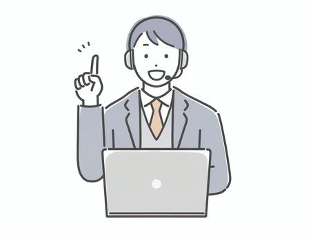ヘッドセットをして説明するスーツの男性 男性,人物,若い,パソコン,ヘッドセット,ヘッドホン,説明,解説,スーツ,サラリーマンのイラスト素材