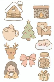 あたたかみあるクリスマスアイコンセット クリスマス,アイコン,セット,手描き,ツリー,星,雪,冬,家,暖炉のイラスト素材