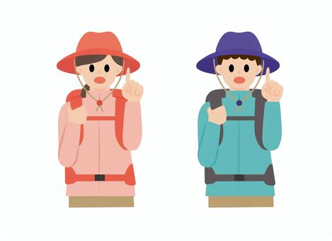 登山の恰好男女指さし　真剣　塗 登山家,自然,登山,ハイキング,アウトドア,人,笑顔,男性,女性,帽子のイラスト素材