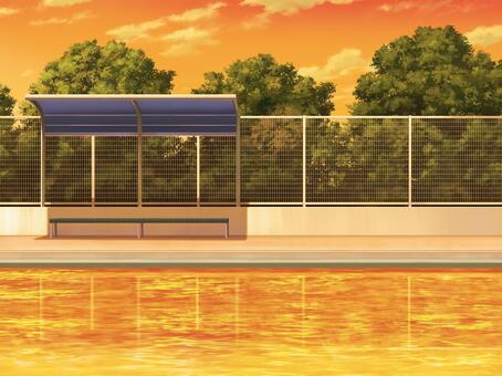 学校プール　夕方 プール,プールサイド,学校,市民プール,ベンチ,日よけ,プールテント,夏,フェンス,夕方のイラスト素材
