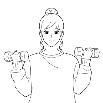 ダンベルを持つ女性　白黒イラスト 女性,成人,若い,ダンベル,2個,持つ,筋トレ,鍛える,エクササイズ,フィットネスのイラスト素材