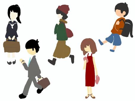 【イラストセット】日常の人々1 人,人々,人物,人間,フラットカラー,線画なし,ノーラインアート,通勤,通学,セットのイラスト素材