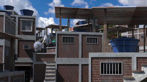 水タンクのある風景 屋上,水タンク,建物,洗濯物,階段,窓,壁,屋根,鉄格子,空のイラスト素材