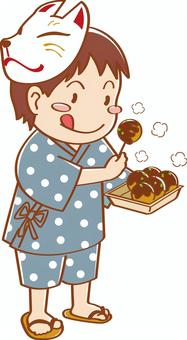屋台のたこ焼きを食べる男の子 屋台,夜店,縁日,たこ焼き,こども,男の子,作務衣,お面,きつね,たのしいのイラスト素材
