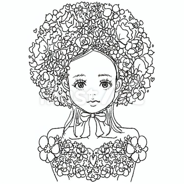 花帽子の女性(塗り絵・線画) 花帽子の女性(塗り絵・線画) 塗り絵,線画,コロリアージュのイラスト素材