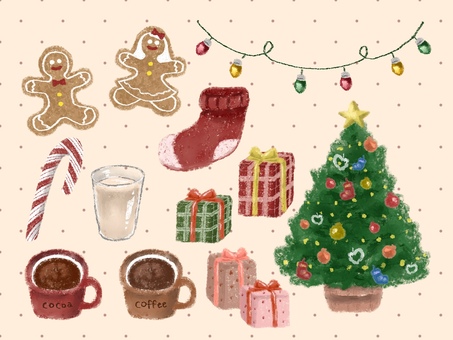 クリスマスの準備 クリスマス,イベント,12月,パーティー,冬,お菓子,イルミネーション,コーヒー,ココア,ジンジャークッキーのイラスト素材