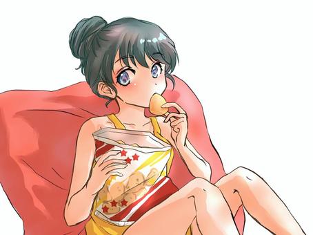 Girl relaxing while eating potato chips, , JPG and PNG