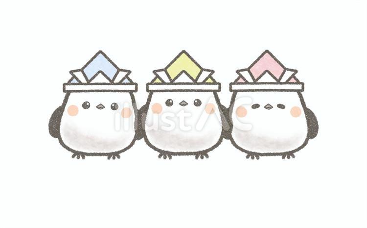 兜をつけた3羽のシマエナガ シマエナガ,兜,子供のイラスト素材