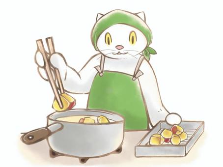 さつまいもの素揚げ(大学芋)を作る猫 さつまいもの素揚げ(大学芋)を作る猫 猫,さつまいも,素揚げ,大学芋,三角巾,エプロン,調理,揚げ物,手描き,挿絵のイラスト素材