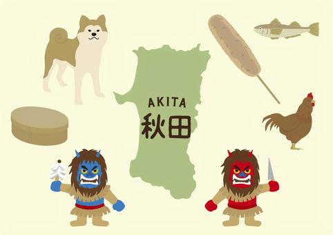 秋田イラストセット 秋田,秋田犬,犬,ハタハタ,比内地鶏,きりたんぽ,曲げわっぱ,お弁当箱,ナマハゲ,地図のイラスト素材