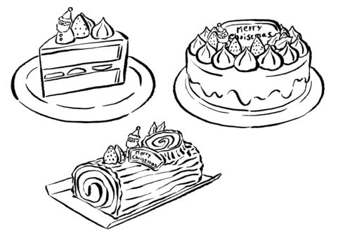 クリスマスケーキ3種　墨筆 クリスマスケーキ,ブッシュドノエル,クリスマス,ホールケーキ,苺,ロールケーキ,サンタクロース,赤色,カット,断面のイラスト素材