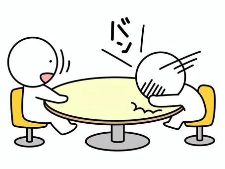 机に頭をぶつける人に驚く棒人間 ぶつける,棒人間,2人,悲しい,辛い,惨め,自暴自棄,ショック,ビックリ,驚くのイラスト素材