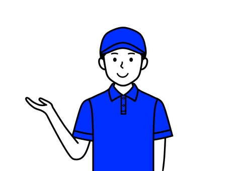案内・説明をする作業員・配達員の男性 ポロシャツ,帽子,配送員,配達員,男性,物流,ドライバー,ブルー,こちら,どうぞのイラスト素材