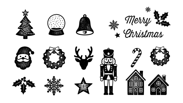 クリスマススタンプセットイラスト クリスマス,手描き,スタンプ,セット,サンタ,ツリー,リース,トナカイ,ベル,スノードームのイラスト素材