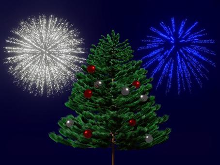 クリスマスツリーオーナメント付と花火 クリスマスツリー,背景,おしゃれ,冬,クリスマス,ツリー,オーナメント,飾り,花火,カウントダウンのイラスト素材