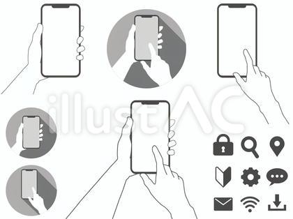 スマホを操作する手のセット モノクロ