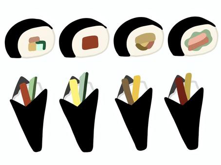 手巻き寿司と巻き寿司のイラスト 手巻き寿司と巻き寿司のイラスト 寿司,手巻き寿司,巻き寿司,イラスト,セット,手描き,かわいい,食べ物のイラスト素材