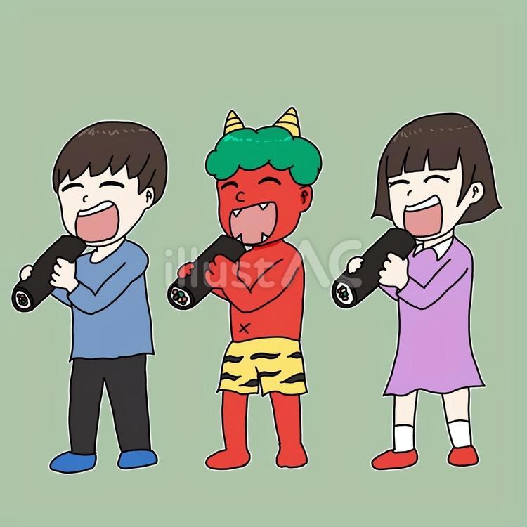 鬼と恵方巻【フチあり】 節分,鬼,昔話のイラスト素材