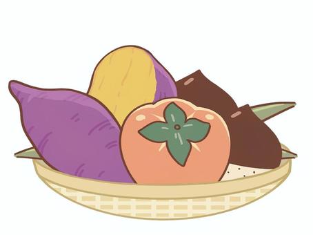秋・旬もの・果物 秋,旬,旬もの,食べ物,サツマイモ,柿,栗,竹籠,笹の葉,アイコンのイラスト素材