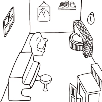 音楽のぬりえシリーズ　ピアノのある家 ピアノ,アップライドピアノ,暖炉,部屋,リビング,居間,楽器,音楽,塗り絵,ぬりえのイラスト素材