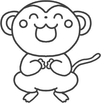 ニコニコ笑顔のさるのかわいいイラスト線画 猿,シンプル,かわいい,線画,白黒,モノクロ,主線,塗り絵,にこにこ,さるのイラスト素材